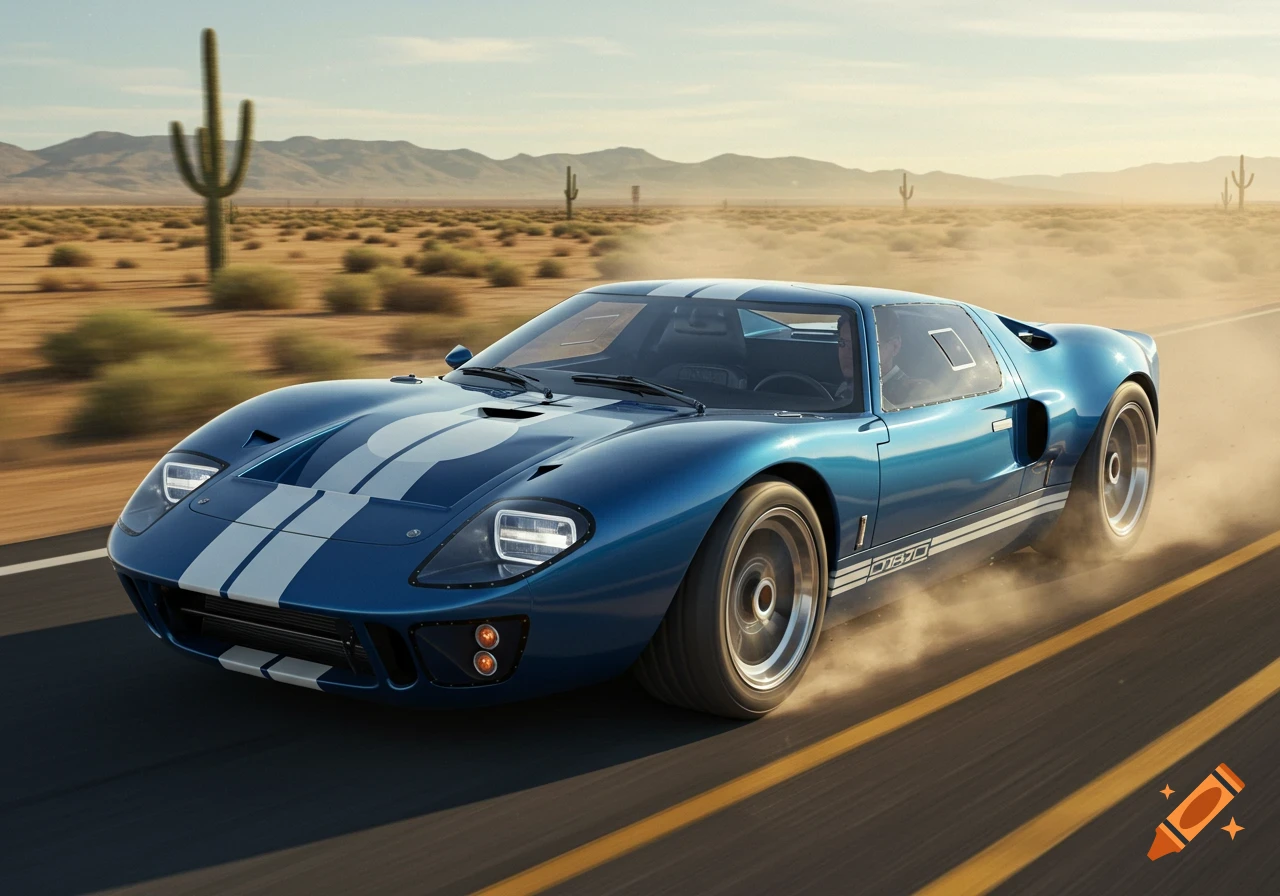 A blue Ford GT40 with white racing stripes speeds down a desert road, kicking up dust in a photorealistic style.