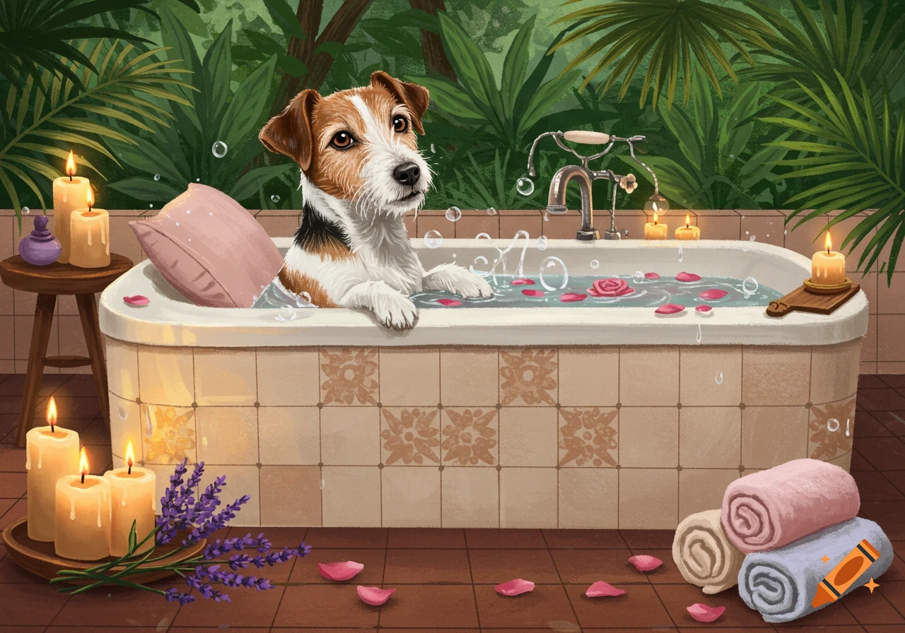 A Jack Russell terrier dog enjoys a spa bath in a tub with rose petals and bubbles, surrounded by candles and plants in an illustrated style.
