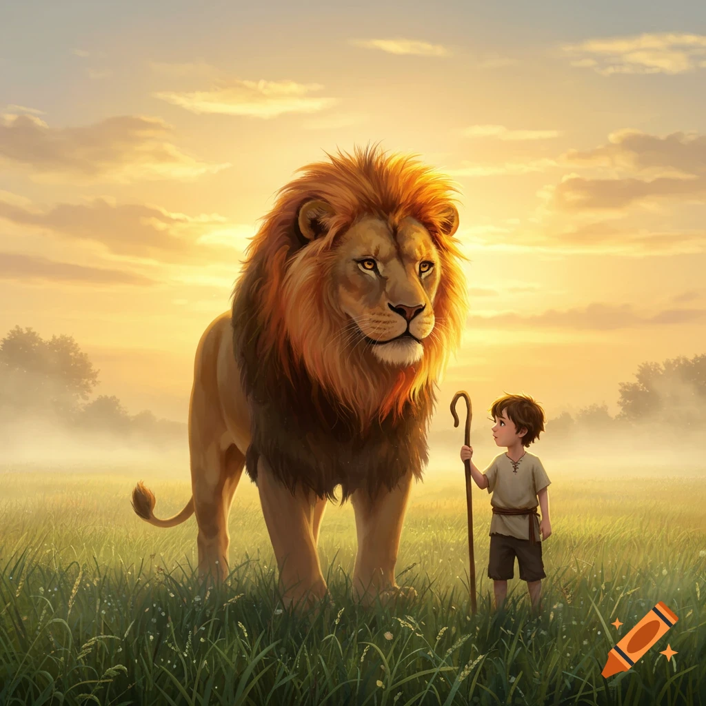 A young shepherd boy with a staff stands in a grassy field next to a large, majestic lion at sunset, in an illustrative style.