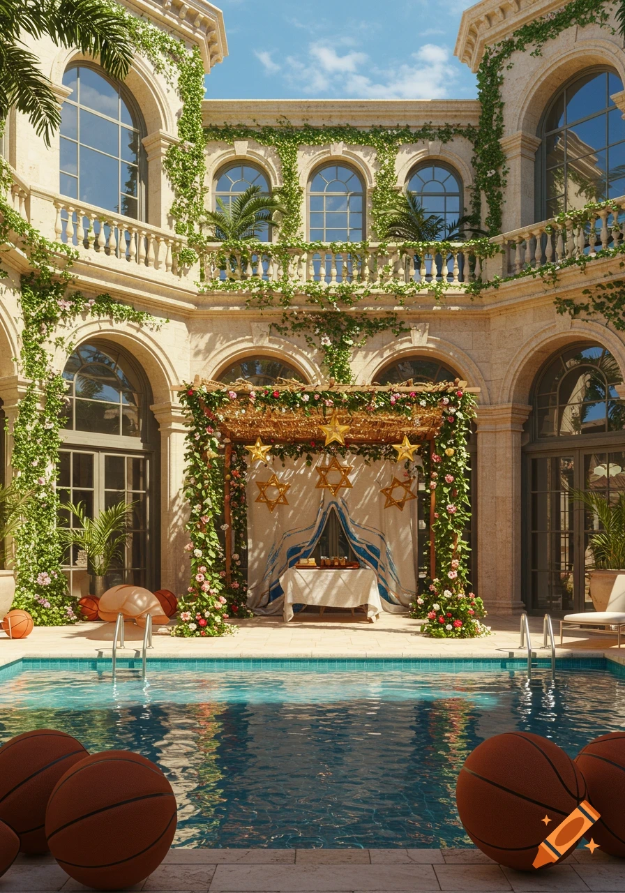 A Sukkah decorated with golden Stars of David stands by a swimming pool in a luxurious villa courtyard, with basketballs scattered around. Photorealistic.
