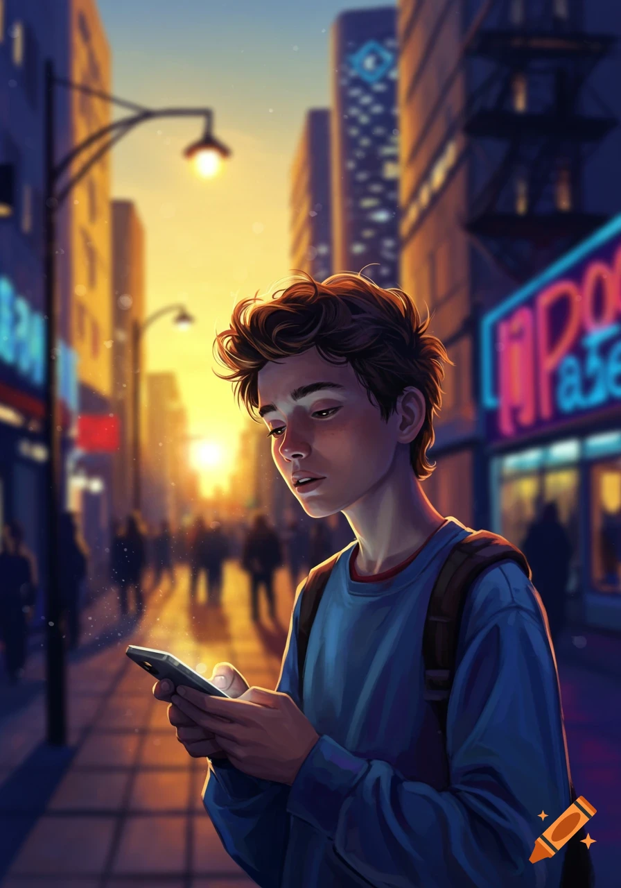 Digital illustration of a young man with curly brown hair looking down at his phone on a bustling city street at sunset.