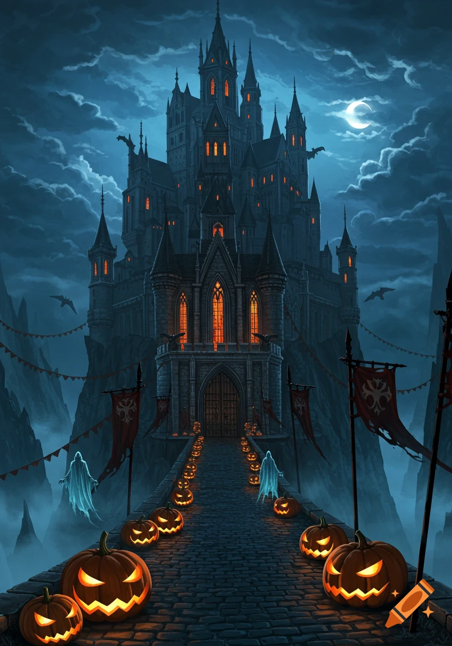 A gothic castle at night, with a path lined with glowing jack-o'-lanterns, ghostly figures, bats, and spooky banners under a crescent moon.