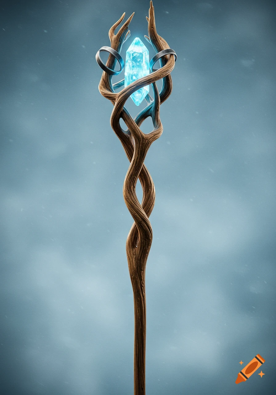 A tall, gnarled wooden staff with two intertwined rings and a glowing blue crystal at the top, against a hazy blue background.