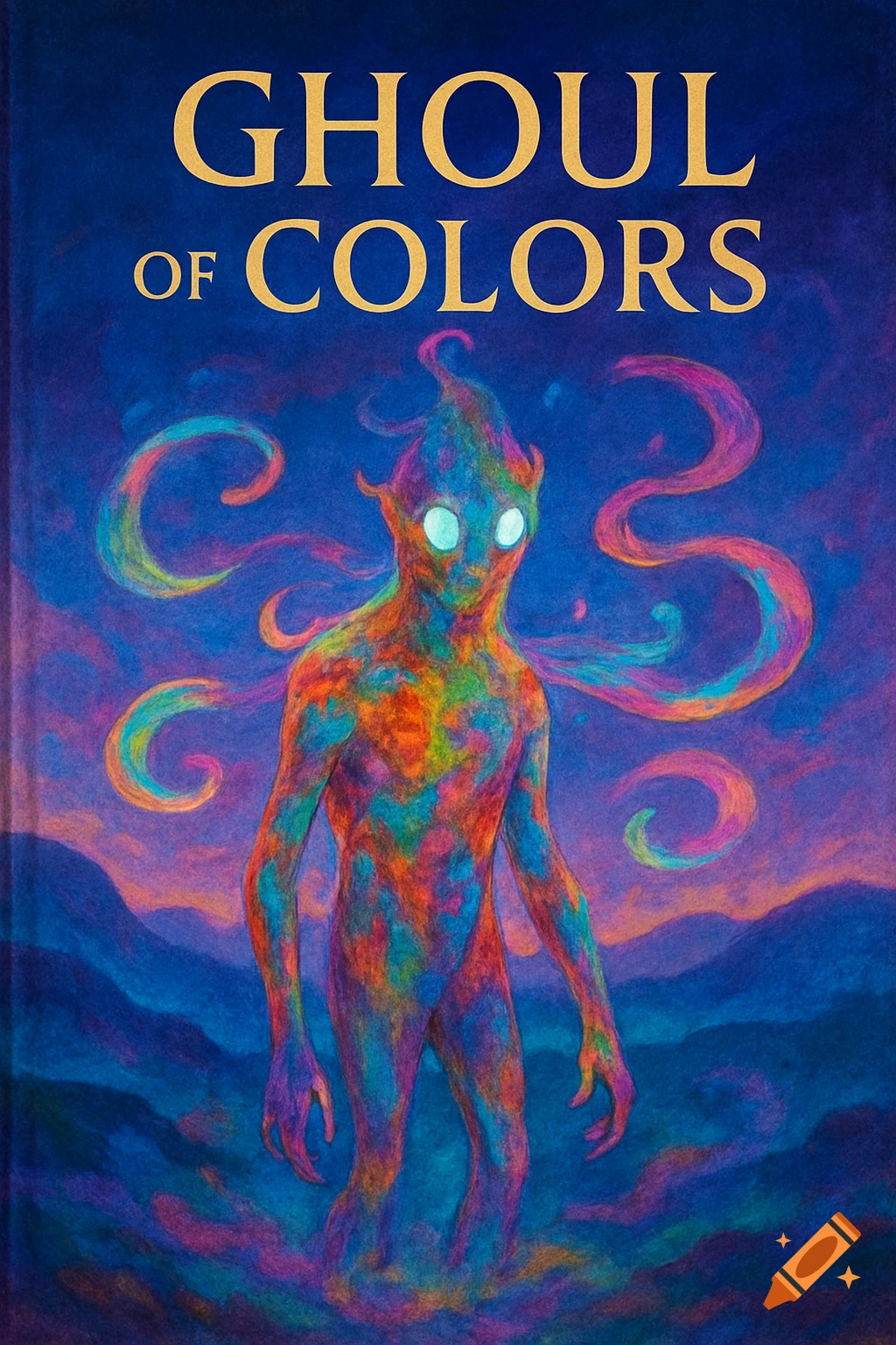 A vibrant, multicolored, alien-like creature with glowing white eyes stands on a colorful landscape. Above, the text reads "GHOUL OF COLORS".