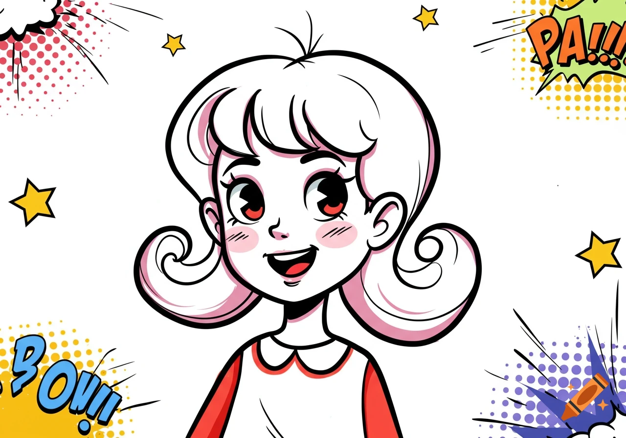 A happy cartoon girl with red eyes and curly hair, surrounded by comic book style sound effects and stars.