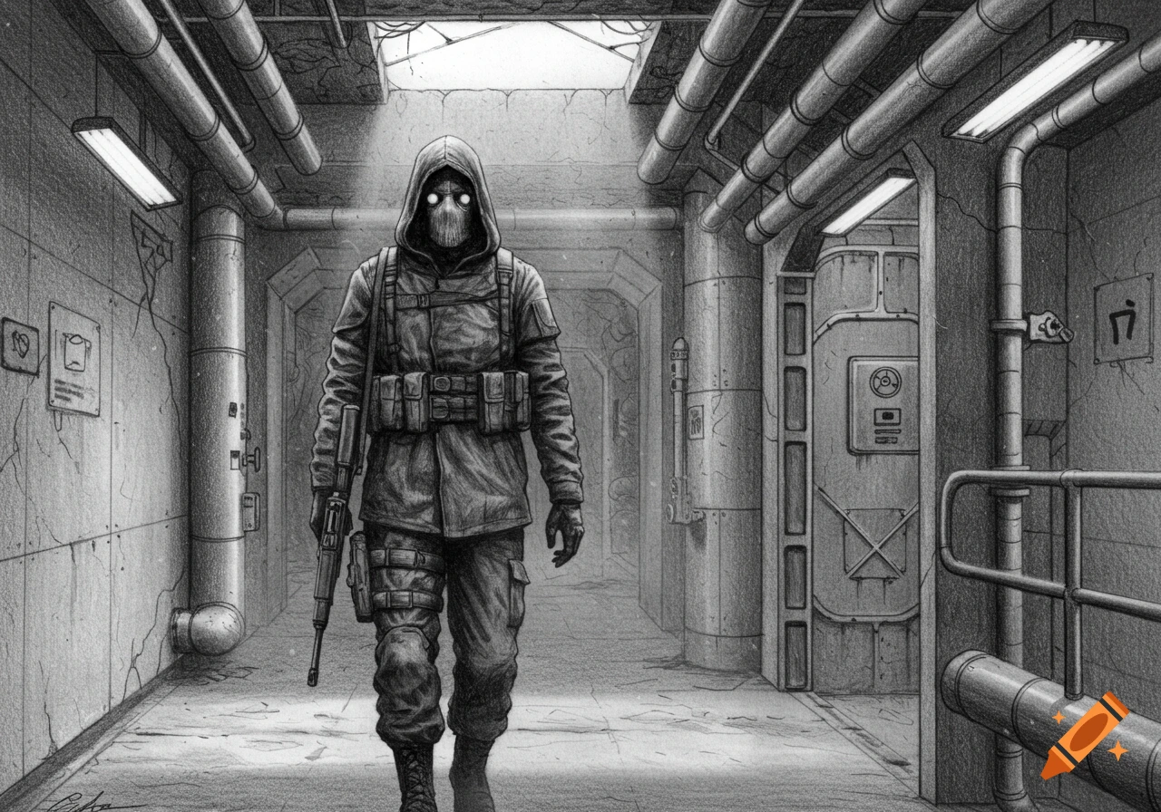 A grayscale pencil drawing of a masked S.T.A.L.K.E.R with a rifle walking in a pipe-filled, dilapidated corridor.