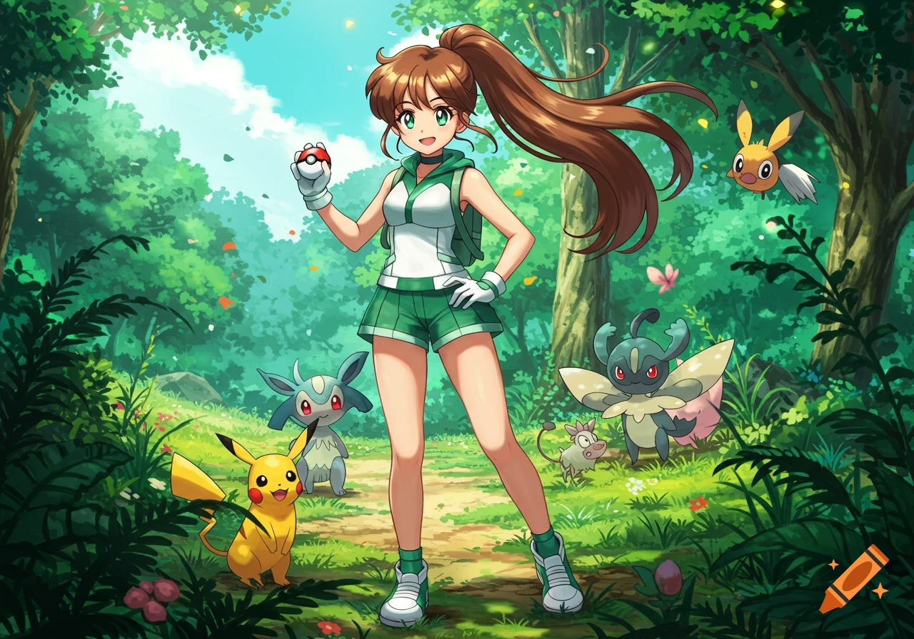 An anime girl with a brown ponytail in a green and white outfit holds a Pok es Ball, surrounded by Pikachu and other Pok emon in a lush forest.
