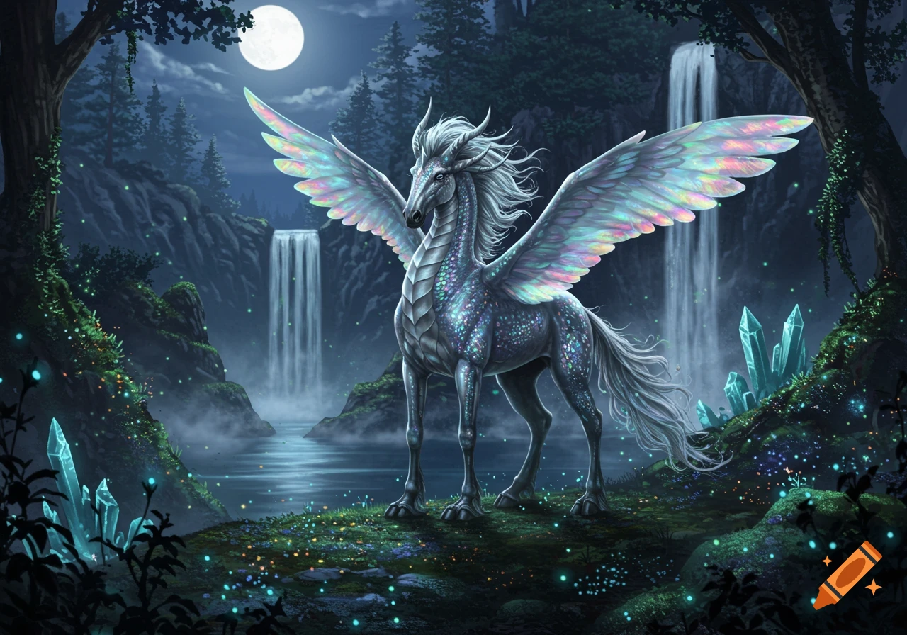A shimmering pegasus with iridescent wings stands in a moonlit magical forest with waterfalls and glowing crystals.