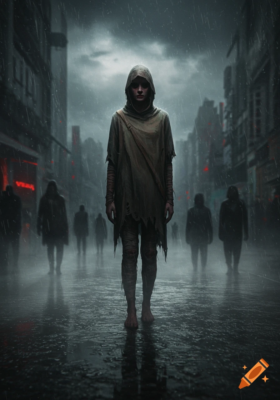 A lone, hooded figure in ragged clothes stands barefoot in a rainy, desolate city street, with blurry figures in the background. Dark and somber mood.