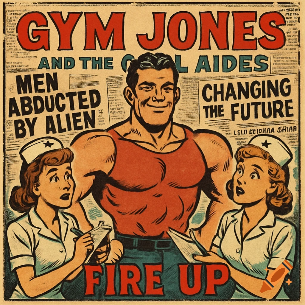 Retro comic album cover: Muscular 'Gym Jones' with two nurses, newspaper headlines 'MEN ABDUCTED BY ALIEN' and 'CHANGING THE FUTURE', 'FIRE UP' title.