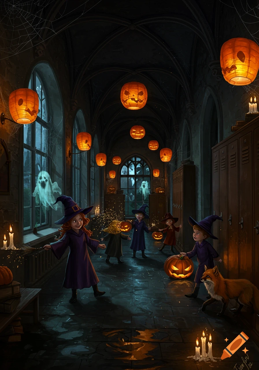 Children in witch costumes play in a spooky Halloween school hallway with floating ghosts, jack-o'-lanterns, and a fox. Fantasy illustration.