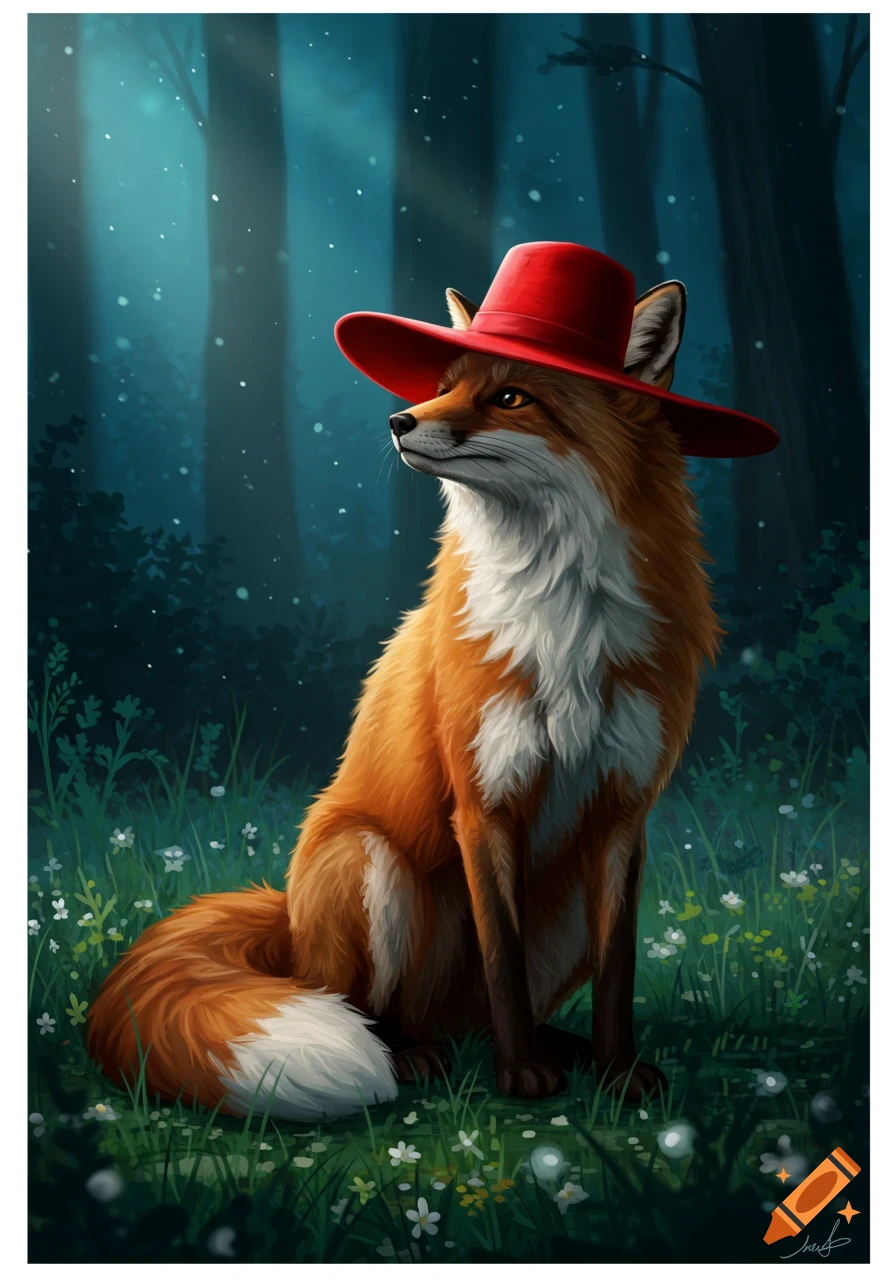 An illustrative portrait of an orange fox with a white chest, wearing a red hat, sitting in a grassy forest and looking up.