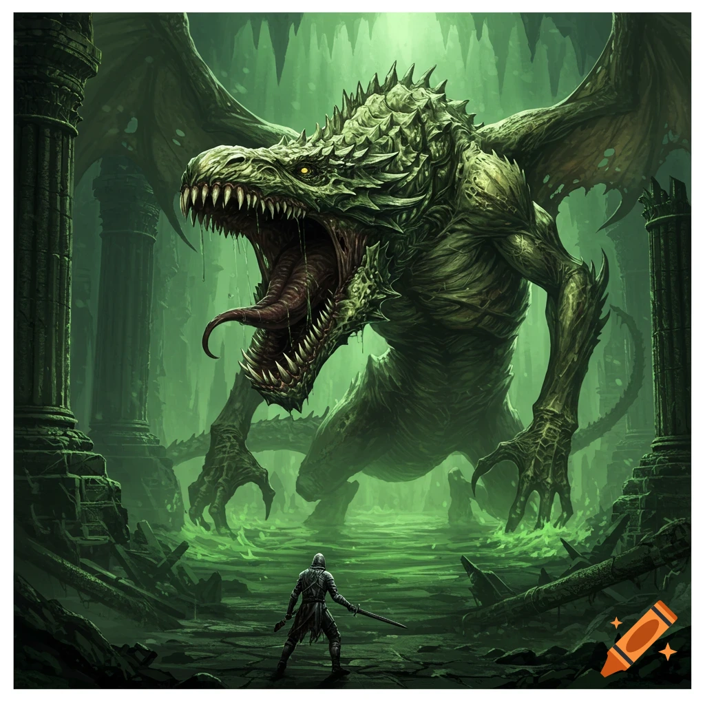 A knight faces a giant, toothy green dragon monster with a long tongue in a ruined, green-lit cavern.
