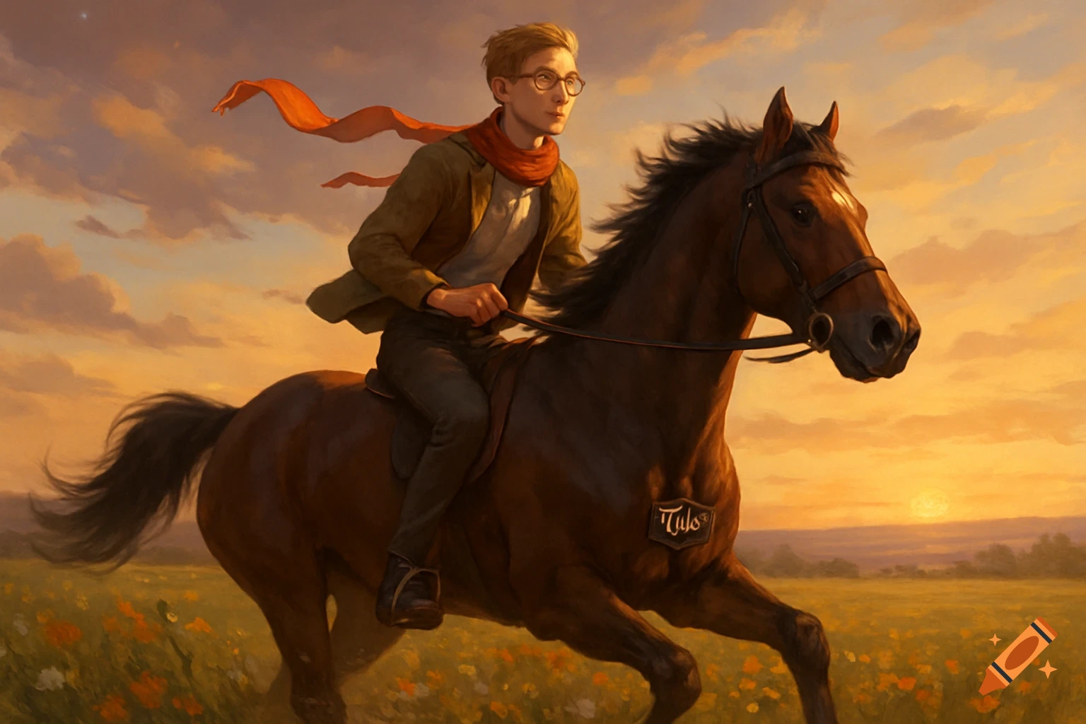 A young man with glasses and short blonde hair rides a brown horse through a flowery field at sunset, with an orange scarf flowing.