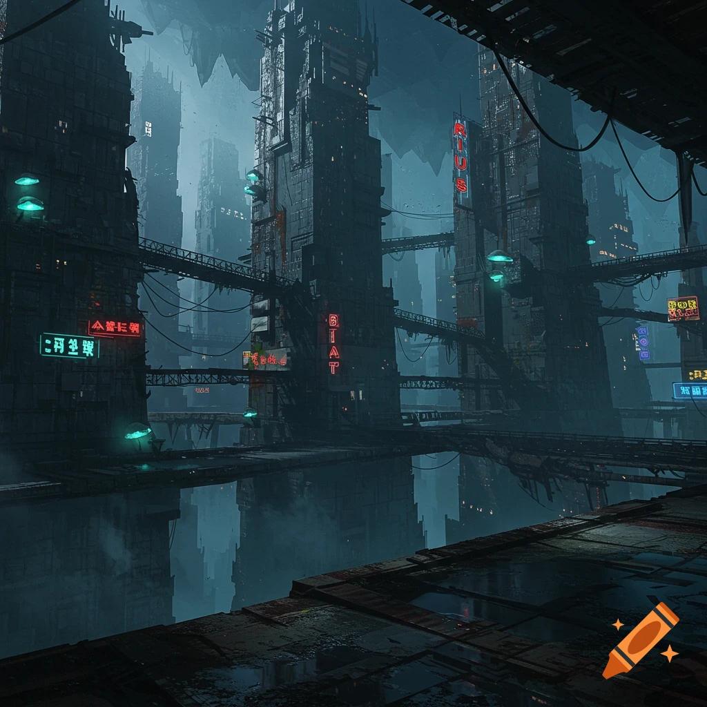 A dark, ominous futuristic city, with towering, brutalist skyscrapers and elevated walkways reflecting in the water below. Neon signs glow in the gloom.