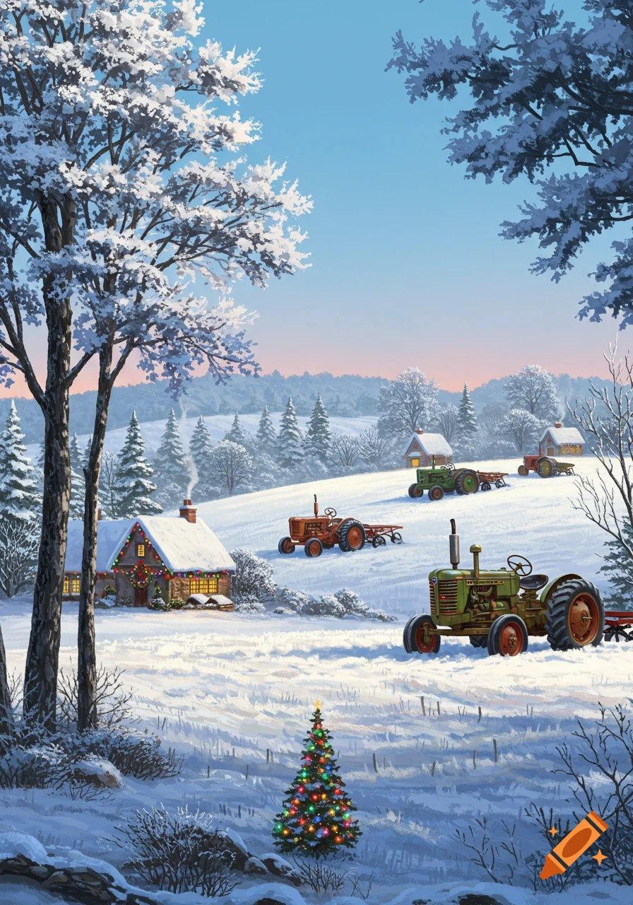 A charming winter landscape features a snow-covered house adorned with Christmas lights, a festive Christmas tree, and vintage tractors in a snowy field at dusk.