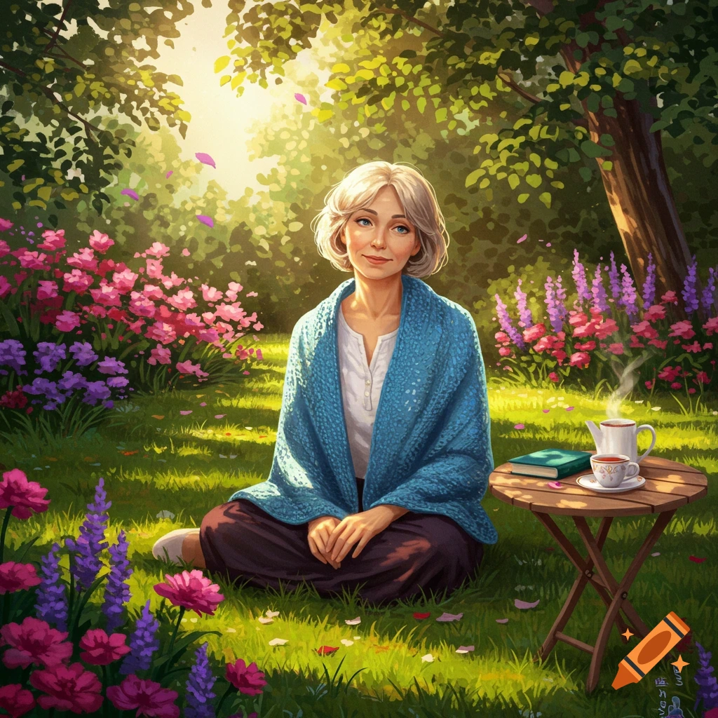 An illustrative image of a woman sitting in a sunny, flower-filled garden next to a small table with tea and a book.
