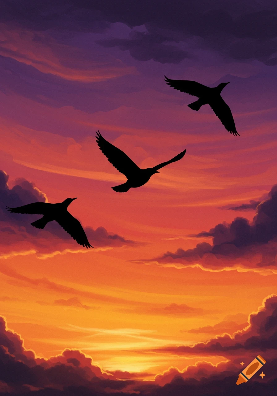 Three black bird silhouettes fly across a vibrant sunset sky, with orange, yellow, and purple clouds.