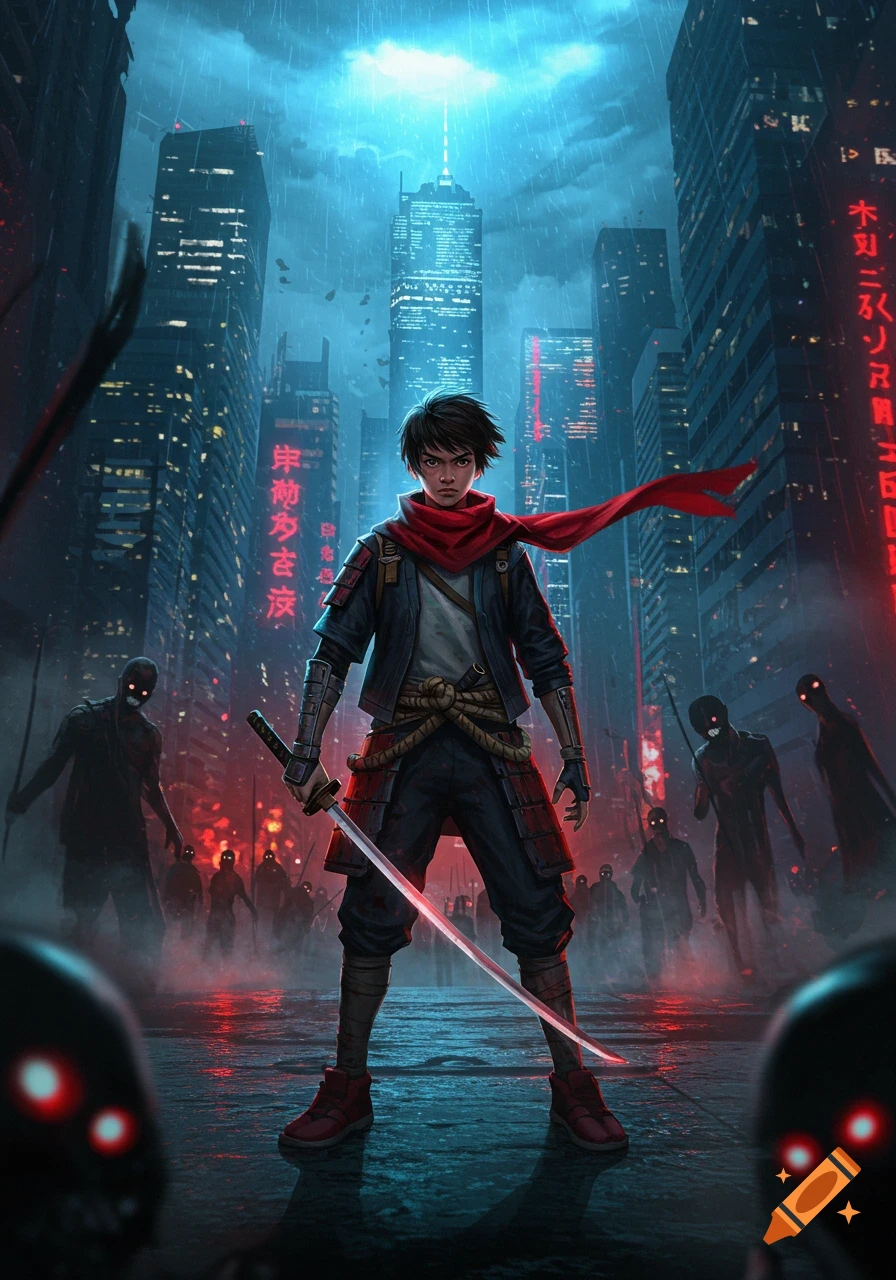 A young demon slayer with a glowing sword stands in a rainy cyberpunk city, surrounded by shadowy figures with red eyes. Digital art.