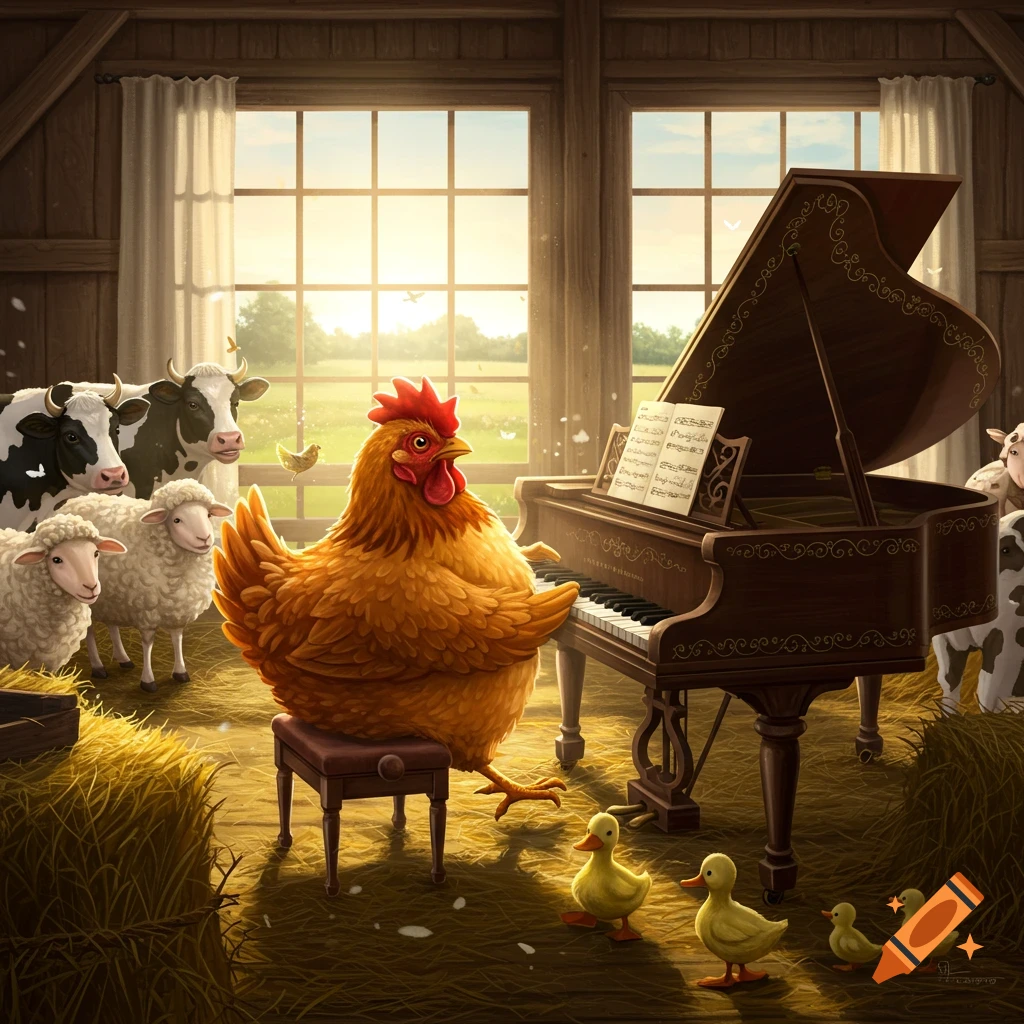 A cartoonish chicken plays a grand piano on a stool in a barn, surrounded by sheep, cows, and ducklings watching. Sunlight streams through large windows in the background.