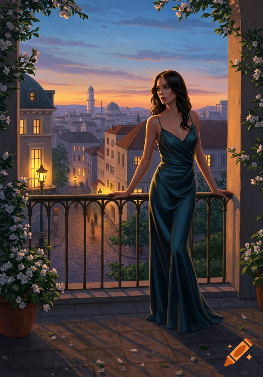 A woman in a teal dress stands on a balcony overlooking a European-style city at sunset, surrounded by flowering vines. Stylized art.