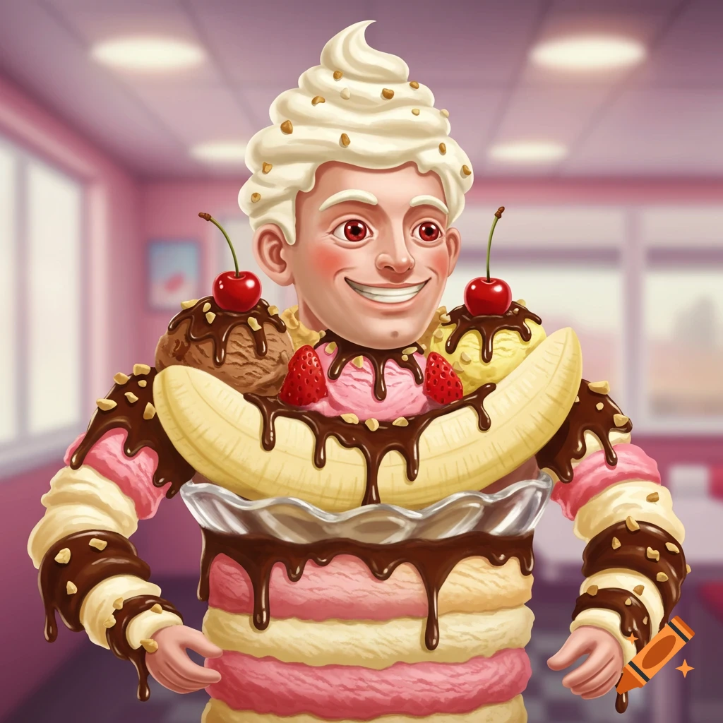 A cartoon man made of a banana split, smiling with whipped cream hair, an ice cream body, chocolate, cherries, and a banana, in a diner.