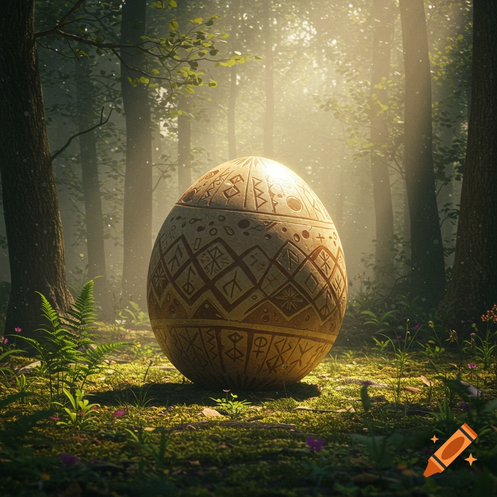 A large, intricately carved ancient egg sits glowing in the mossy forest ground, with dappled sunlight streaming through the trees.