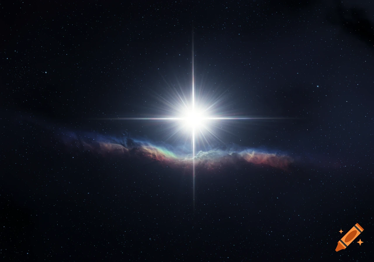 A bright, radiating star with a prominent lens flare effect over a colorful nebula in dark outer space, filled with tiny stars.
