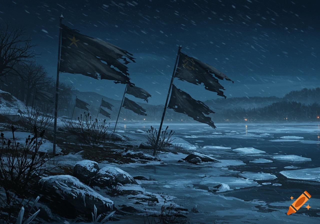 A dark, snowy winter landscape features a frozen river and torn, military-style flags waving under a stormy night sky.