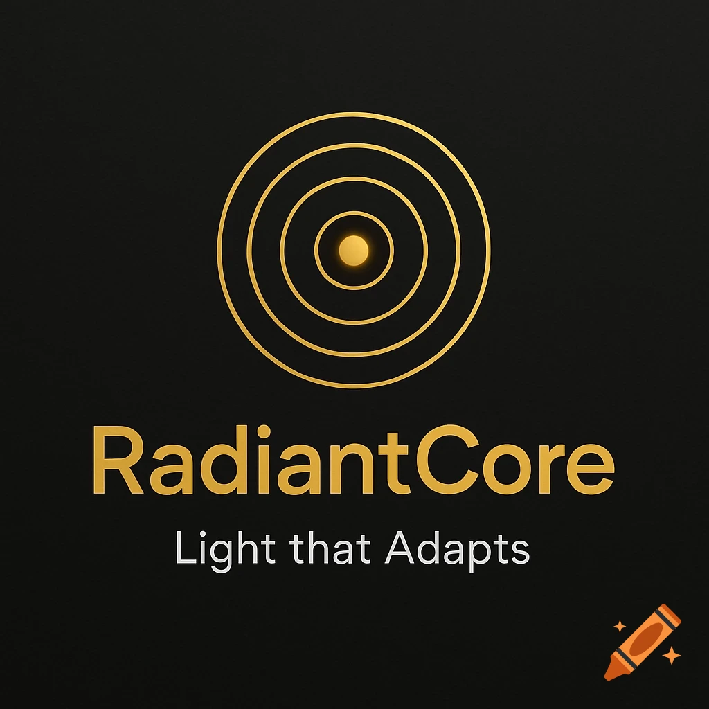 A modern logo for RadiantCore with gold concentric rings and the tagline 'Light that Adapts' on a dark background.