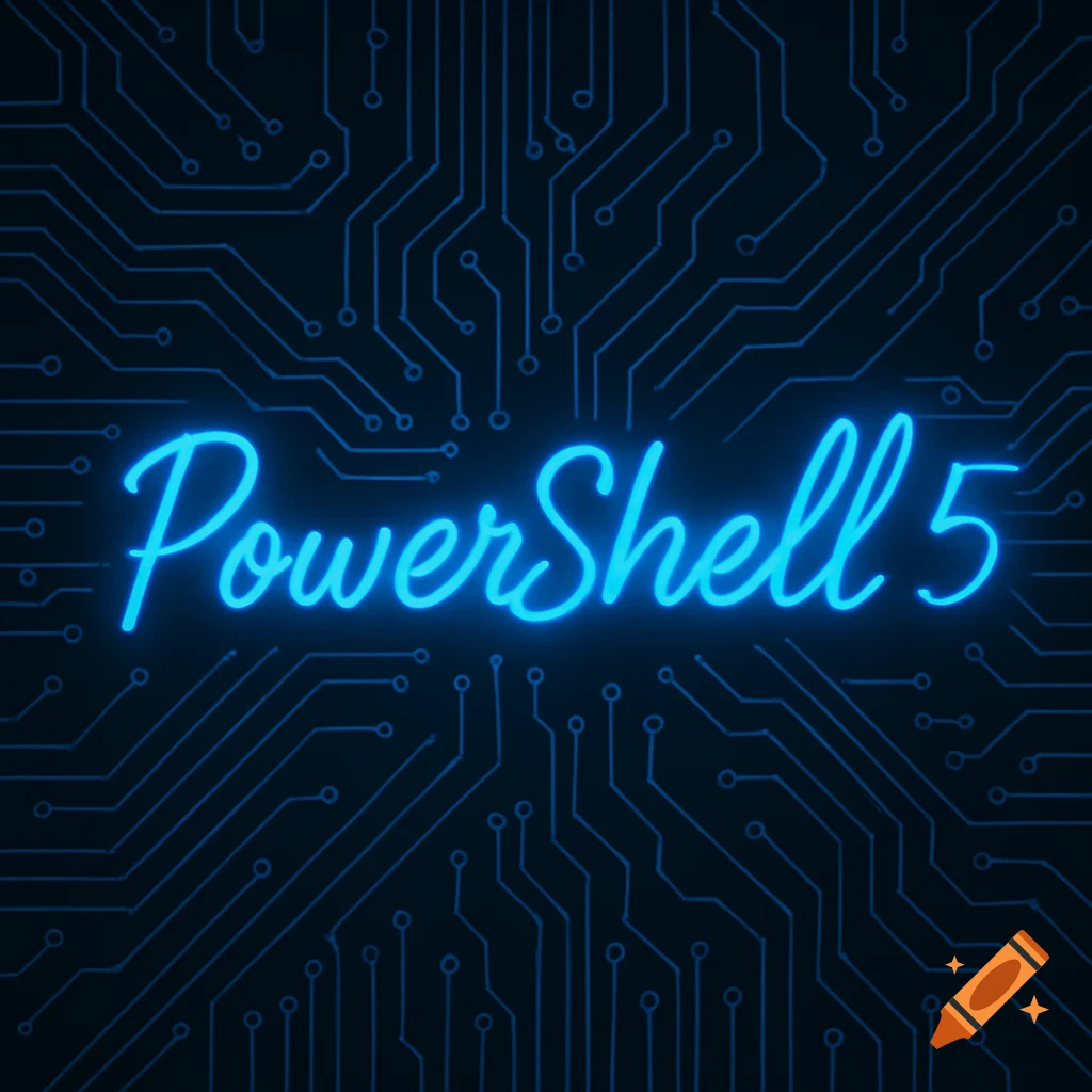 Neon blue "PowerShell 5" text against a dark blue circuit board background.