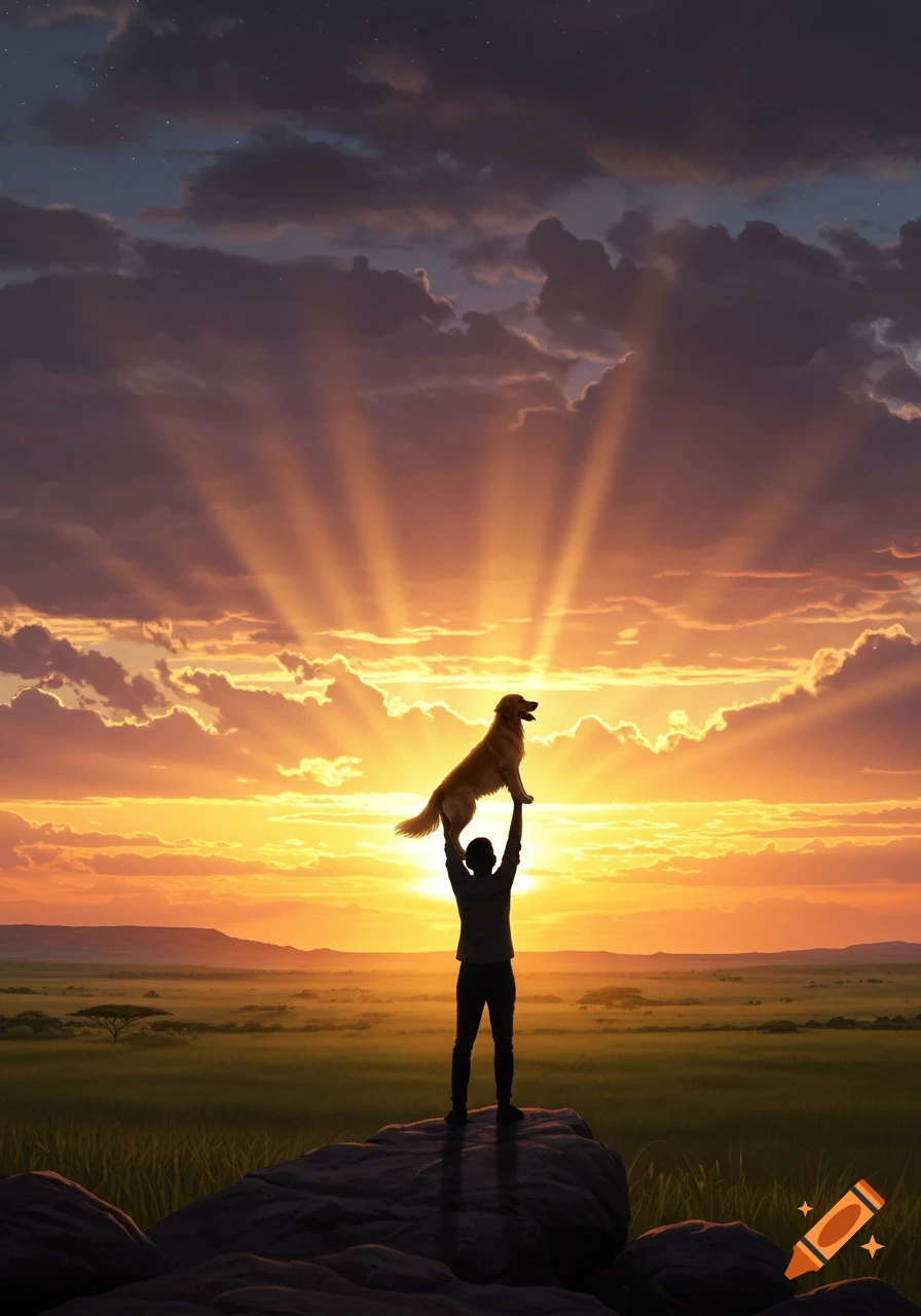 A person holds a golden retriever up high, silhouetted against a dramatic sunset over a savanna landscape.