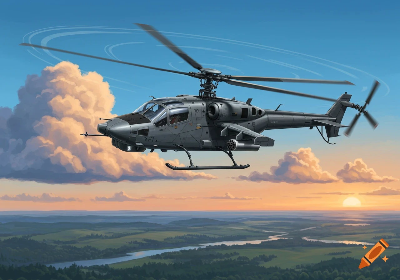 A realistic cartoon Kamov Ka 50 Russian helicopter flies over a lush green landscape with a river at sunset.