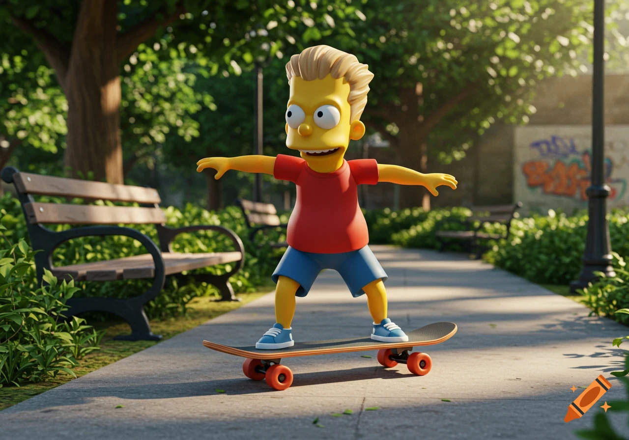 3D render of Dash from The Incredibles dressed as Bart Simpson, skateboarding in a sunny park.