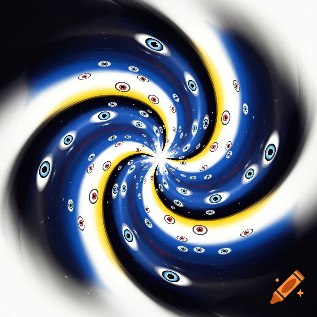 An abstract swirling vortex of blue, white, yellow, and black, dotted with numerous stylized eyes.