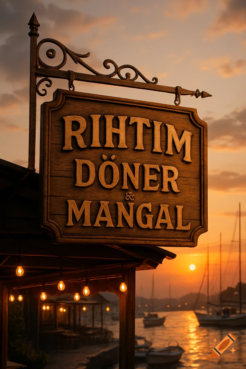 A wooden sign for 'RIHTIM DÖNER & MANGAL' hangs above a restaurant, illuminated by string lights at sunset over a harbor with boats.