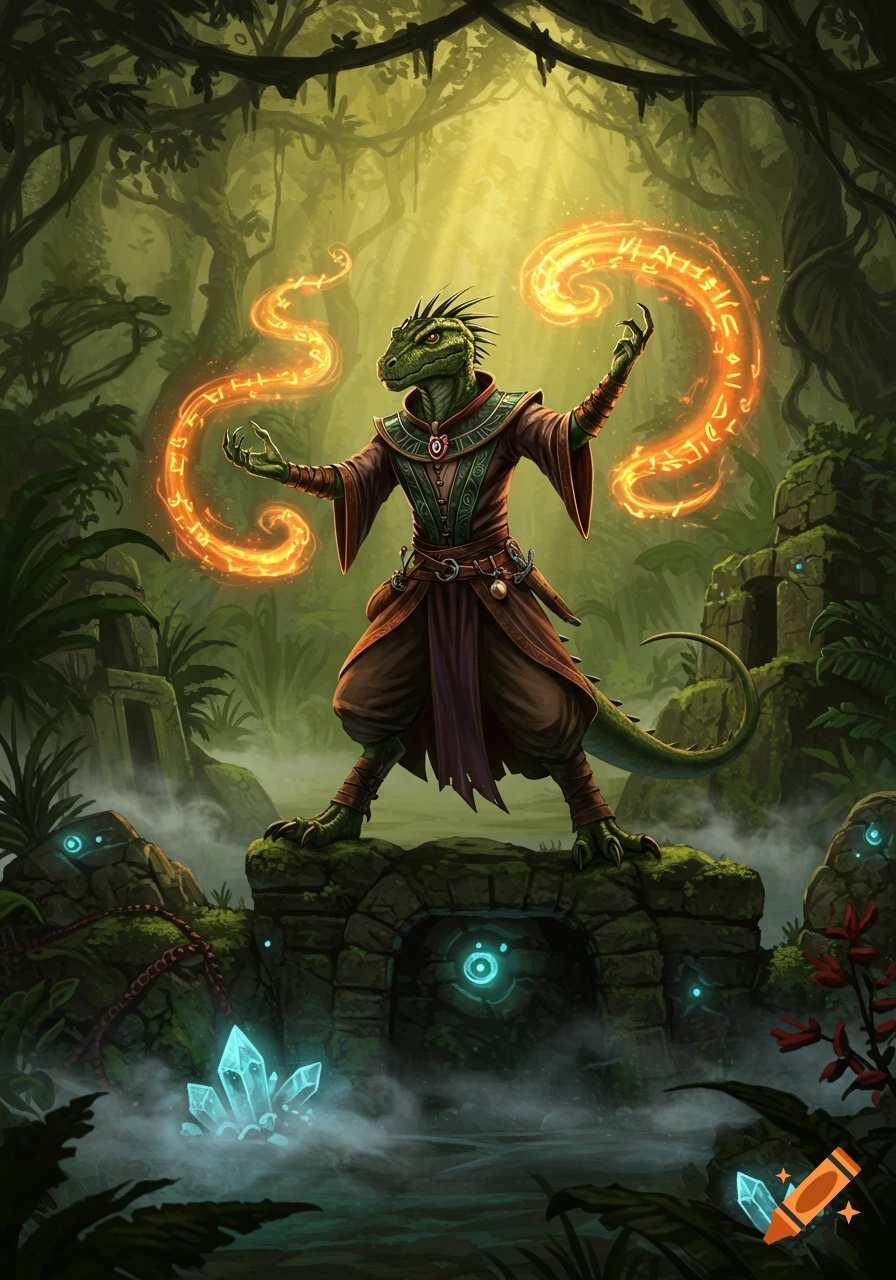 A green reptilian sorcerer stands on jungle ruins, casting glowing orange magic with runic symbols in digital art style.