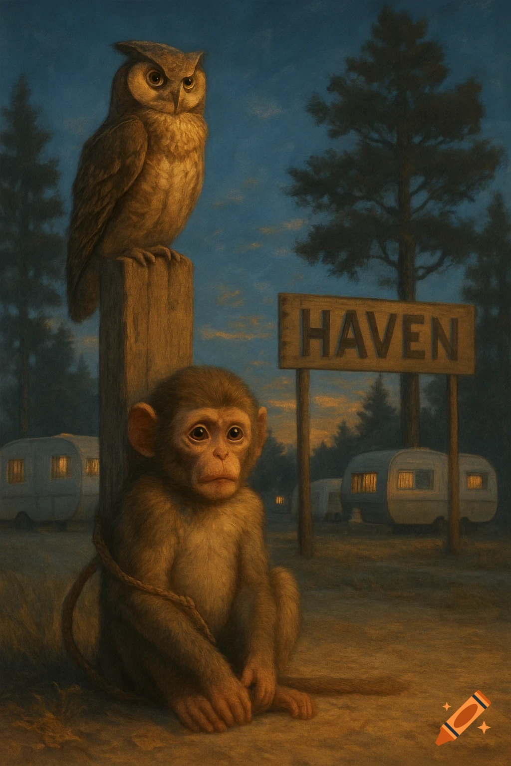A painted scene of an owl on a wooden post above a monkey tied to the post, with a sign reading "HAVEN" and caravans in a park at dusk.
