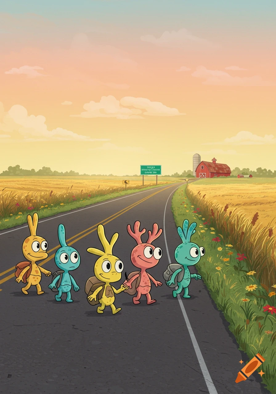 Five colorful cartoon bug-like creatures with backpacks walk along a rural road, with a red barn and silo in the distance under a sunset sky.