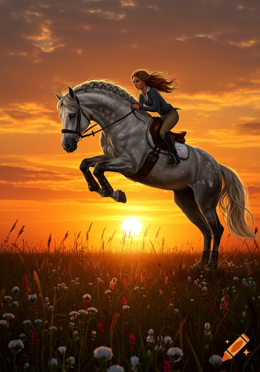 A girl with flowing hair rides a dapple grey horse as it jumps through a field, silhouetted against a vibrant orange and yellow sunset.