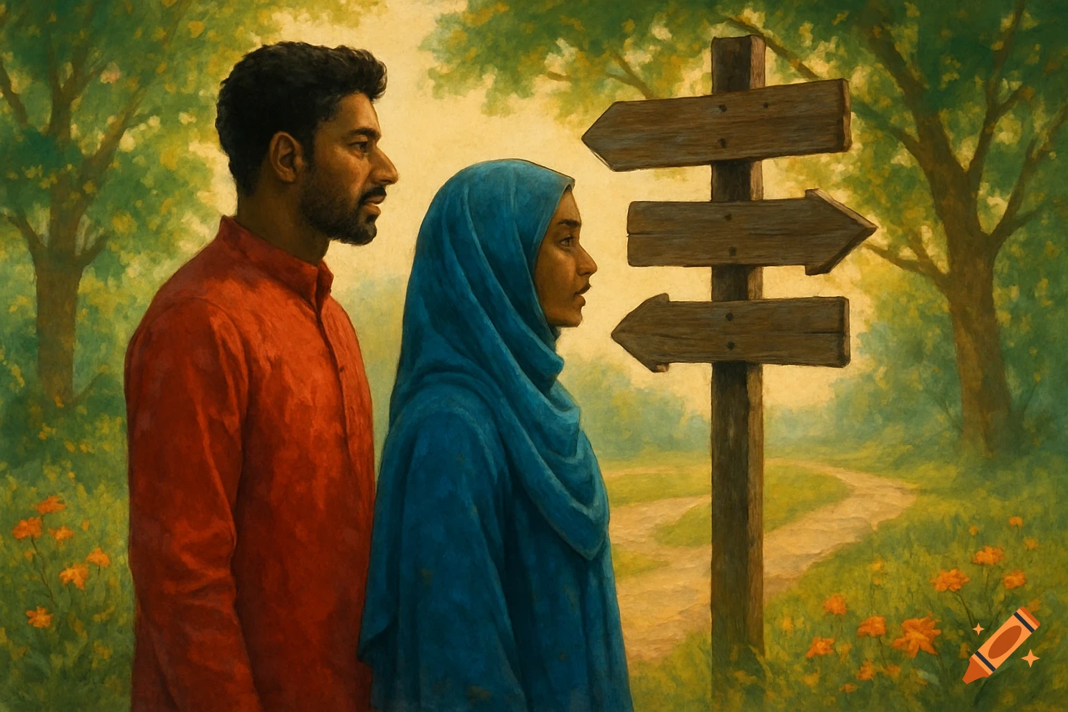 A painterly image of a man and a woman in traditional attire, looking at a wooden signpost in a lush green, sunlit forest.
