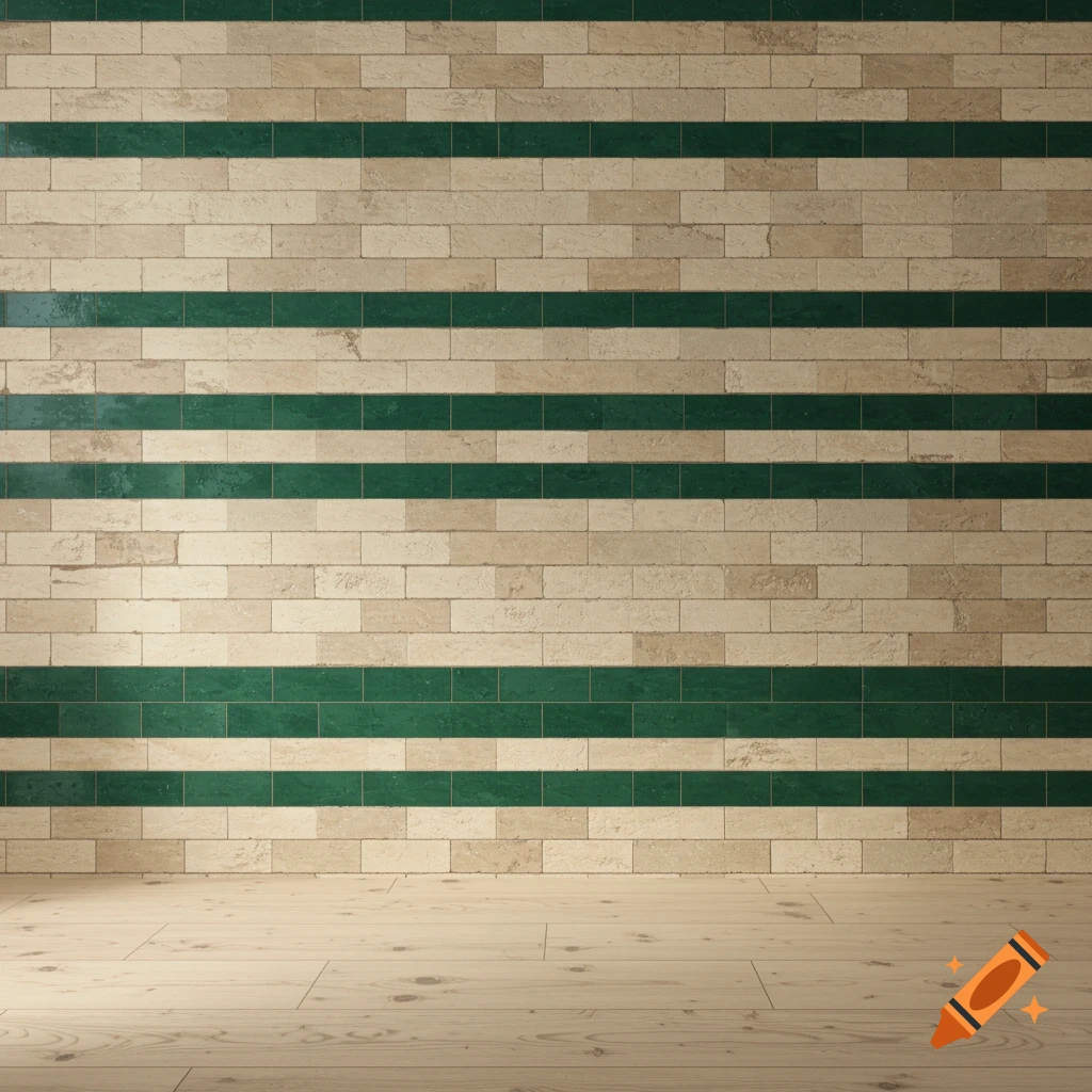 A modern interior wall featuring horizontal stripes of light beige bricks and emerald green tiles above a light wooden floor.