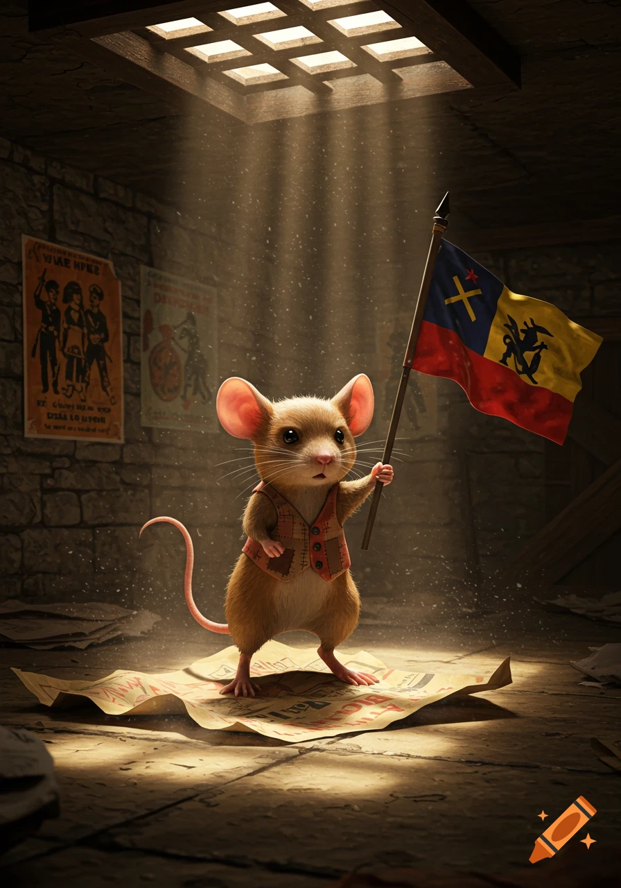 A cute mouse in a patched vest stands on crumpled papers, holding a flag in a dusty, dimly lit cellar with light streaming from above.