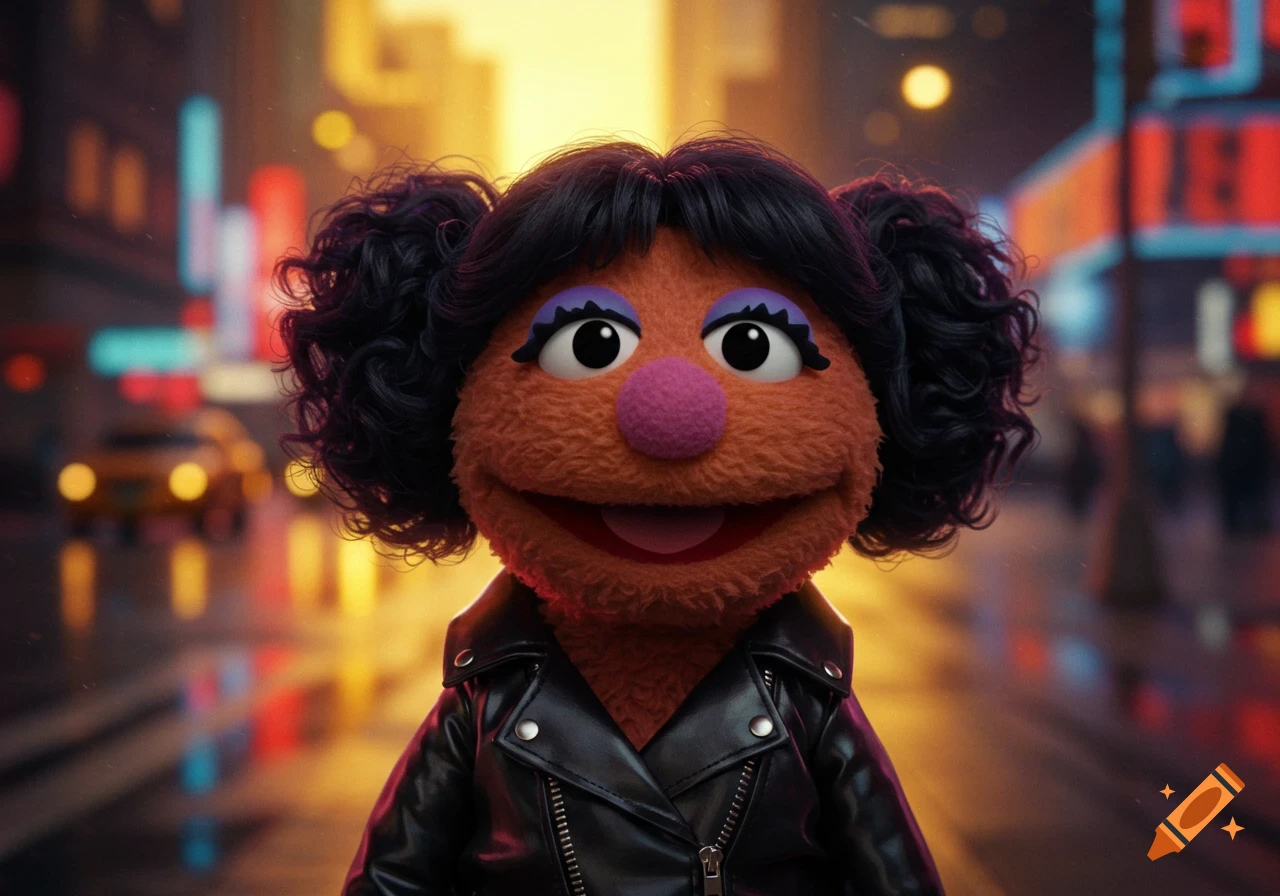An orange muppet with a pink nose, black curly pigtails, and a leather jacket smiles on a rainy city street at night.