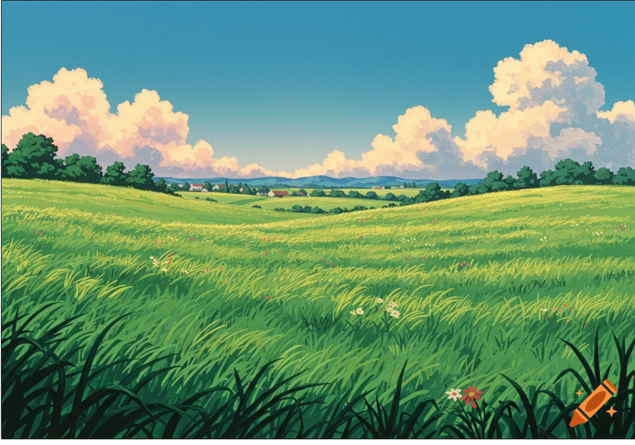 An anime-style illustration of a vibrant green grass field extending towards a distant village under a blue sky with fluffy clouds.