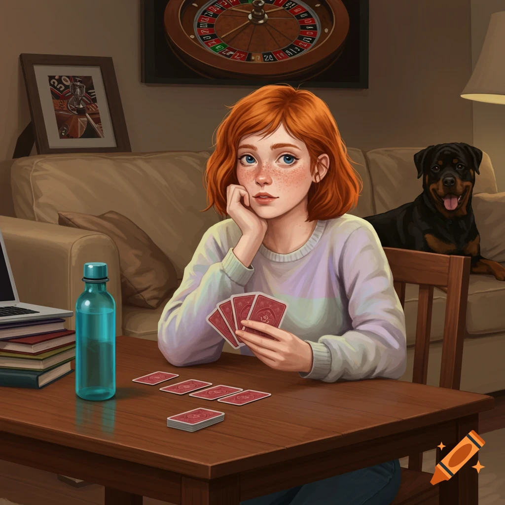 A red-haired girl with freckles sits at a wooden table playing cards, a blue water bottle and books nearby. A Rottweiler lies on a couch in the background, beneath a framed roulette wheel.