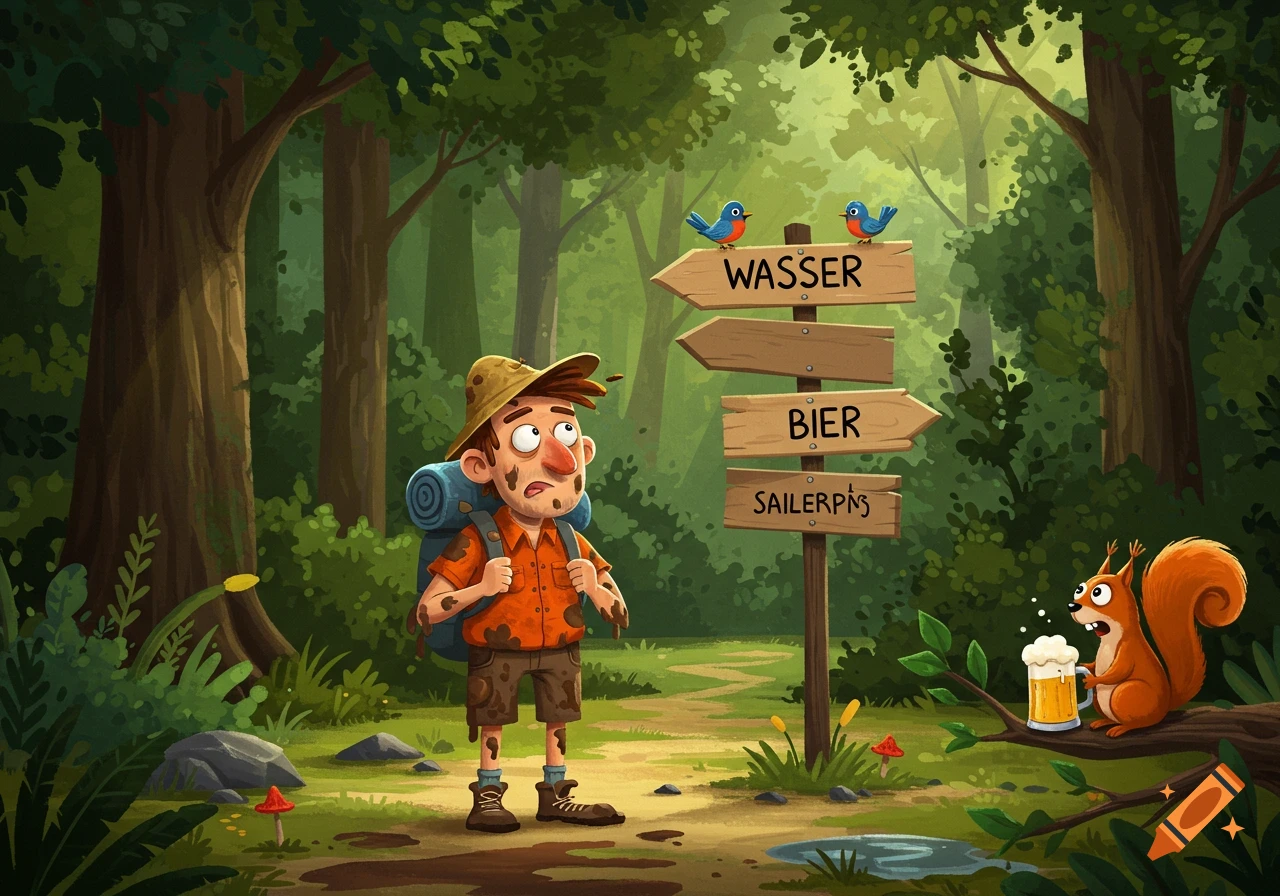 A cartoon hiker covered in mud stands at a signpost in a forest, looking confused while a squirrel drinks beer on a branch.