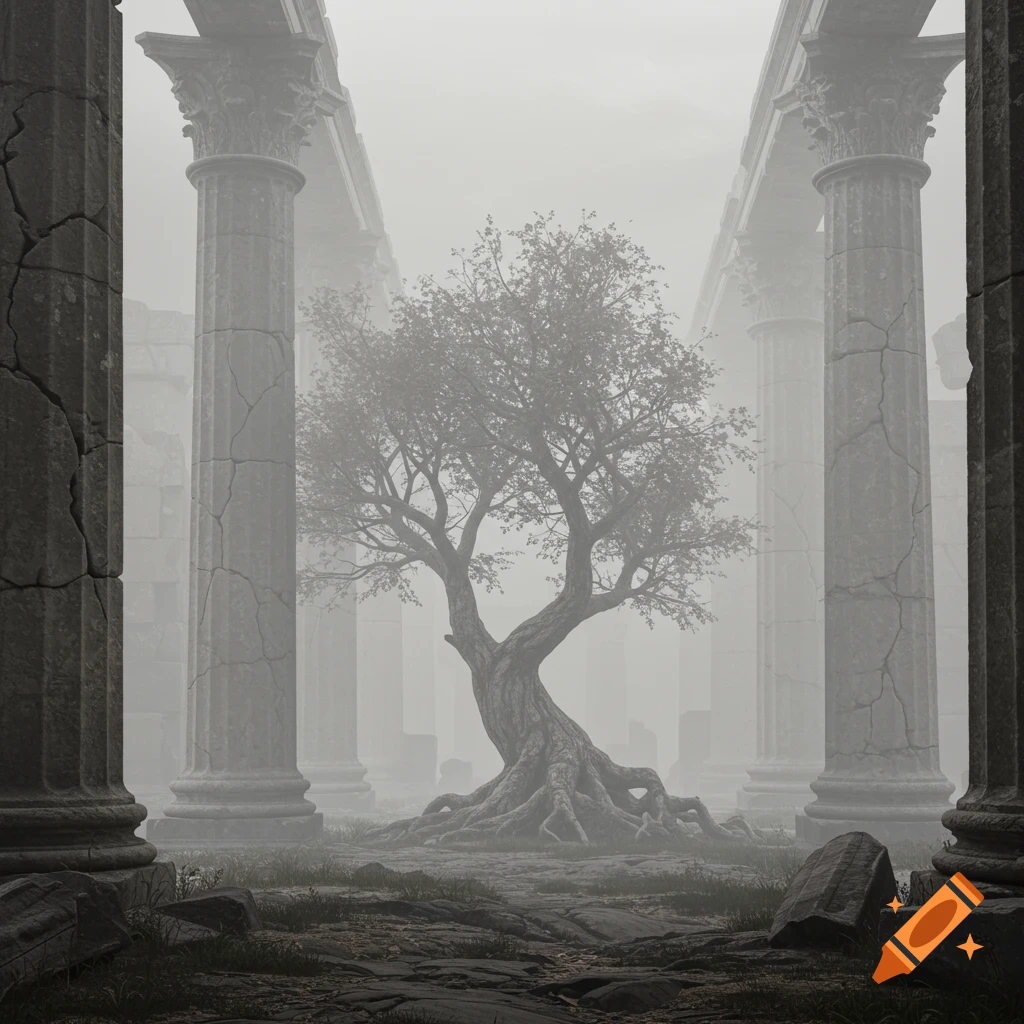 A gnarled tree stands in the center of misty ancient ruins with towering columns, under a pale sky.