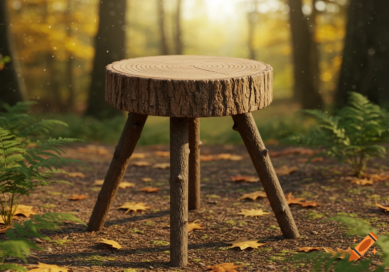 A rustic three-legged stool made from a tree stump slice sits on a forest floor covered in autumn leaves, bathed in soft sunlight.