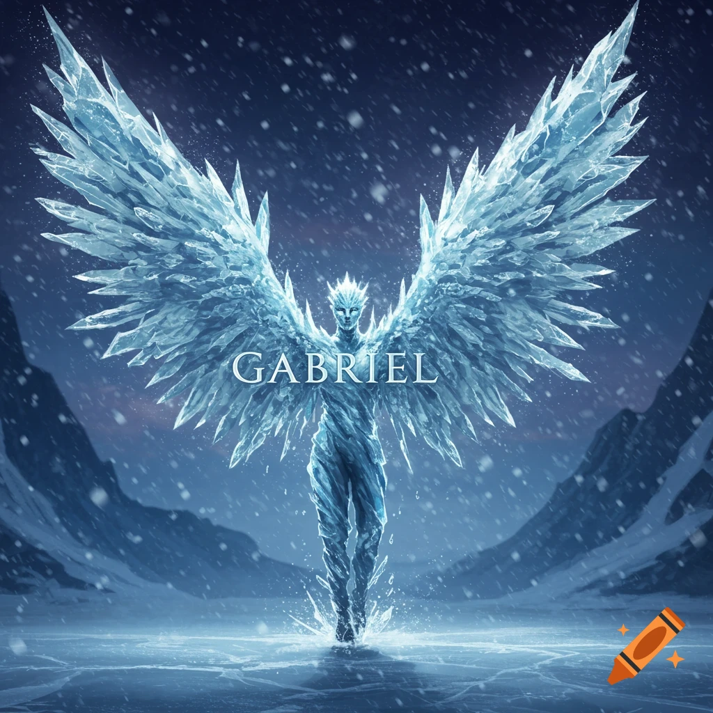 A majestic ice angel with large crystalline wings stands in a snowy, icy landscape, 'GABRIEL' on its chest.